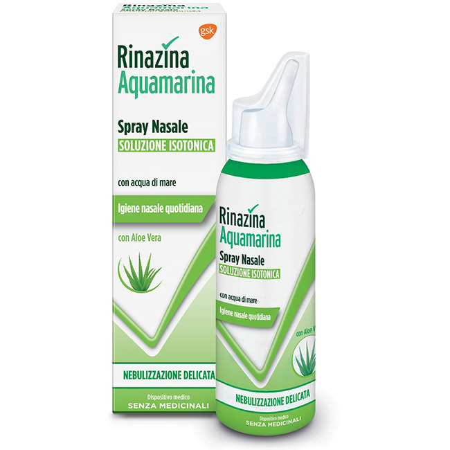 Rinazina Aquamarina Spray Nasale Isotonico Con Aloe Vera Nebulizzazione Delicata 100 ml - Dolomiti e Natura