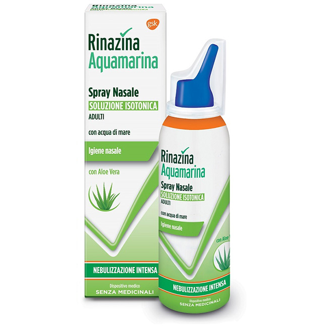Rinazina Aquamarina Spray Nasale Isotonico Con Aloe Vera Nebulizzazione Intensa 100 ml - Dolomiti e Natura