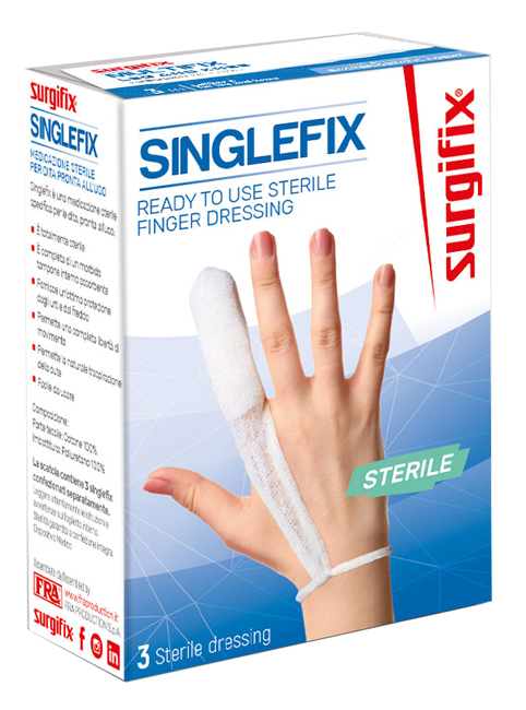 MEDICAZIONE STERILE PER DITO SINGLEFIX, COSTITUITA DA UNA GUAINA IN COTONE E DA UN'IMBOTTITURA INTERNA ASSORBENTE. SI APPLICA DIRETTAMENTE SULLA FERITA E SI FISSA AL POLSO - Dolomiti e Natura