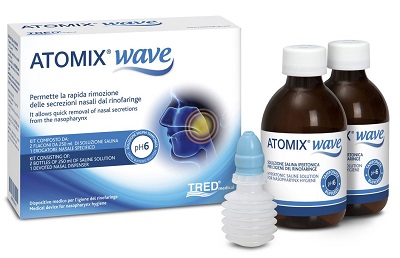 ATOMIX WAVE DISPOSITIVO PER IGIENE RINOFARINGEA ATOMIX SOLUZIONE SALINA 250 ML 2 PEZZI + TERMINALE NASALE + EROGATORE A SOFFIETTO - Dolomiti e Natura