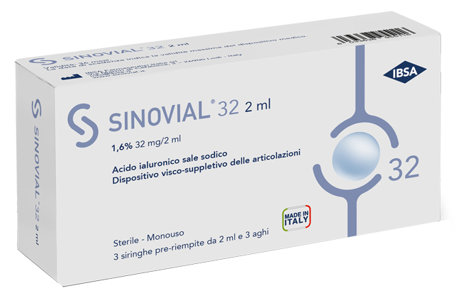 SIRINGA INTRA-ARTICOLARE SINOVIAL 32 ACIDO IALURONICO SALE SODICO 1,6% 32MG/2ML 3 SIRINGHE X 2ML + 3 AGHI - Dolomiti e Natura