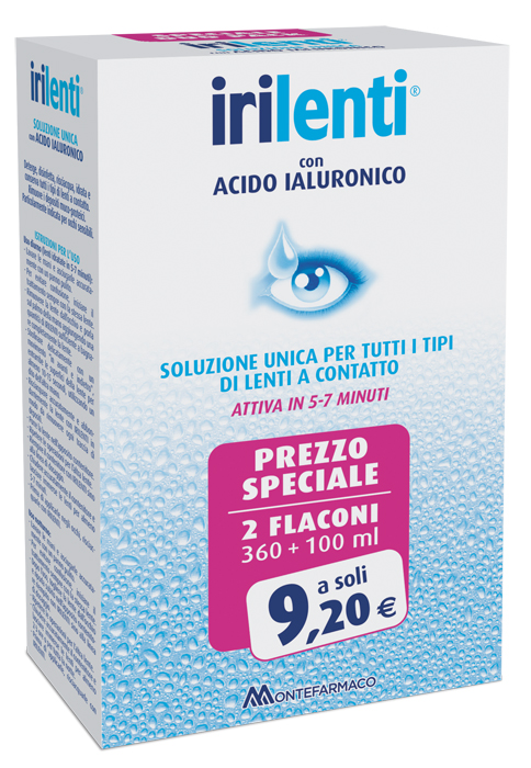 SOLUZIONE UNICA PER LENTI A CONTATTO IRILENTI CON ACIDO IALURONICO 2 FLACONI DA 360 ML + 100 ML - Dolomiti e Natura