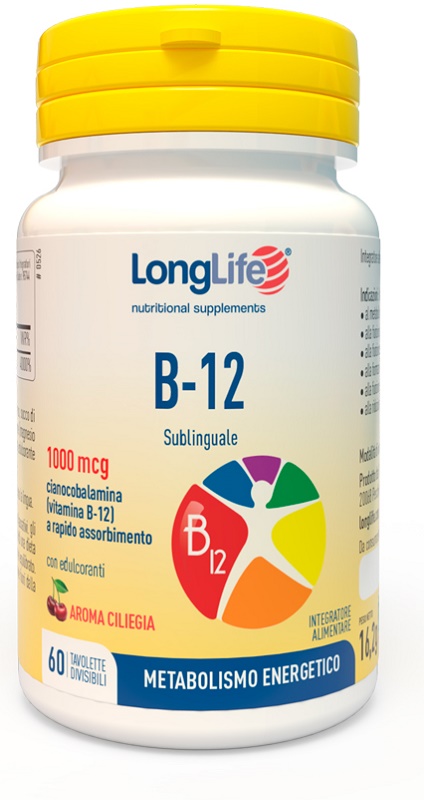 LONGLIFE B12 1000 MCG SUBLINGUALE 60 TAVOLETTE DIVISIBILI GUSTO CILIEGIA CON EDULCORANTI SENZA GLUTINE - Dolomiti e Natura