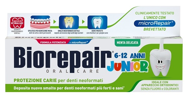BIOREPAIR ORAL CARE JUNIOR 6-12 ANNI DENTIFRICIO PROTEZIONE ANTI CARIE SMALTO NEOFORMATO ALLA MENTA DELICATA 75 ML - Dolomiti e Natura