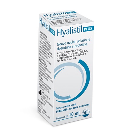 GOCCE OCULARI HYALISTIL PLUS ACIDO IALURONICO 0,4% ACQUA DISTILLATA DI GINKGO BILOBA + MIRTILLO NERO + FINOCCHIO + CENTELLA ASIATICA 10 ML - Dolomiti e Natura