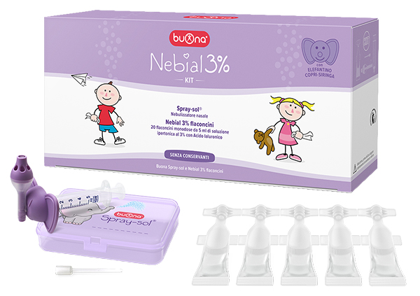 NEBIAL 3% KIT 20 FLACONCINI MONODOSE 5ML SOLUZIONE IPERTONICA CON ACIDO IALURONICO + NEBULIZZATORE SPRAY-SOL - Dolomiti e Natura