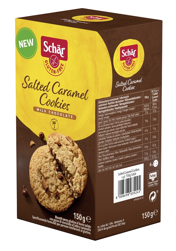 SCHAR SALTED CARAMEL COOKIES CON GOCCE DI CIOCCOLATO AL LATTE E CARAMELLO 150 G - Dolomiti e Natura